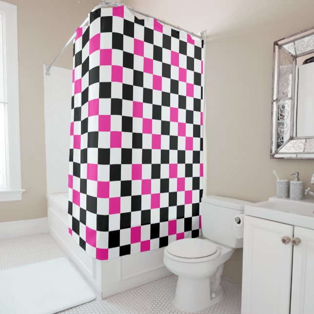Pink Black White Chequered Pattern Design  Shower Curtain (In Situ)
