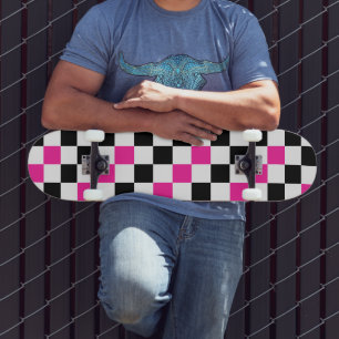 Pink Black White Chequered Pattern Design Skateboard