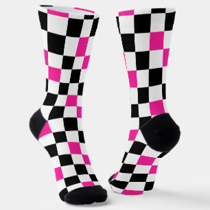 Pink Black White Chequered Pattern Design  Socks