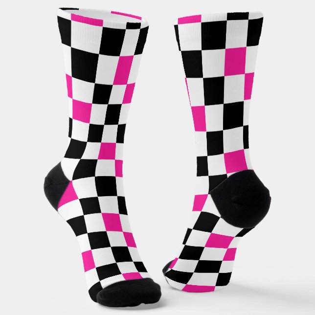 Pink Black White Chequered Pattern Design  Socks (Angled)
