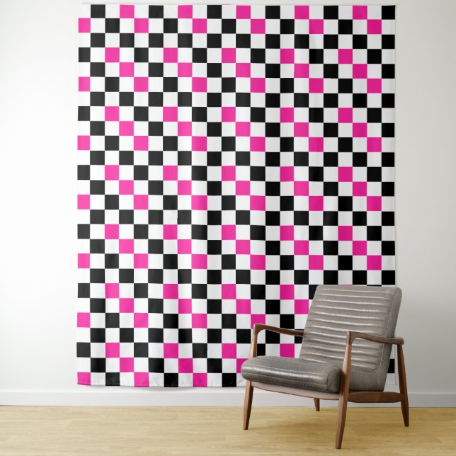 Pink Black White Chequered Pattern Design  Tapestry (In Situ)