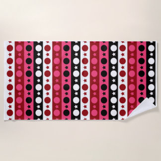 Pink Black White Circle Stars Stripes Design Beach Towel