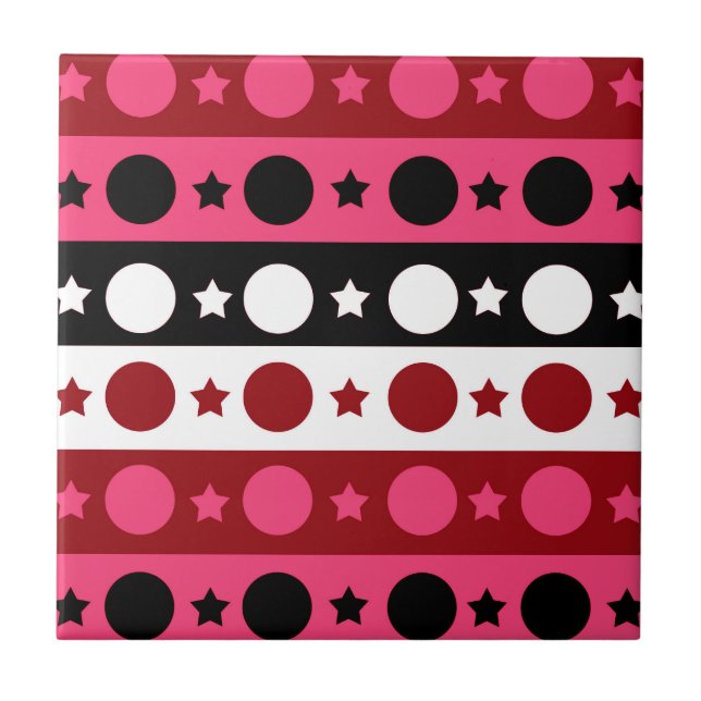 Pink Black White Circle Stars Stripes Design  Ceramic Tile (Front)