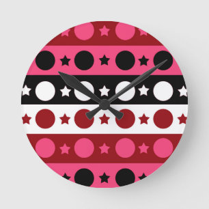 Pink Black White Circle Stars Stripes Design  Round Clock