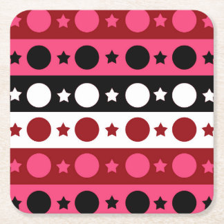 Pink Black White Circle Stars Stripes Design  Square Paper Coaster