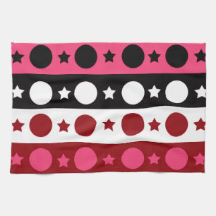 Pink Black White Circle Stars Stripes Design Tea Towel