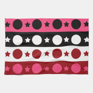 Pink Black White Circle Stars Stripes Design Tea Towel