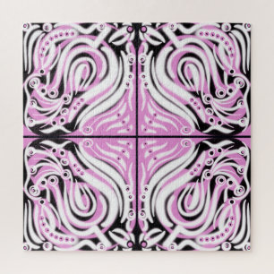 Pink Black White Curly Abstract Pattern  Jigsaw Puzzle