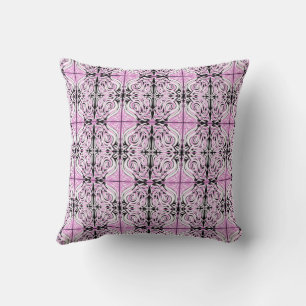Pink Black White Curly Abstract Repeat Pattern Cushion