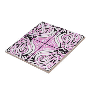 Pink Black White Curvy Abstract Pattern  Ceramic Tile