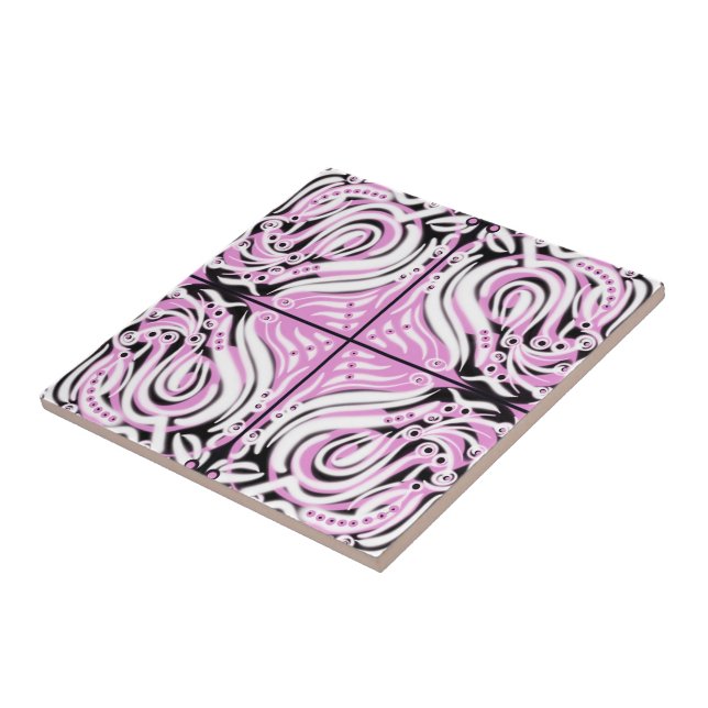 Pink Black White Curvy Abstract Pattern  Ceramic Tile (Side)