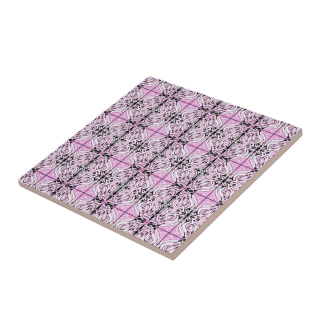 Pink Black White Curvy Abstract Repeat Pattern  Ceramic Tile (Side)