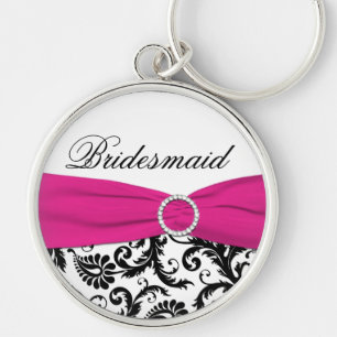 Pink, Black, White Damask Bridesmaid Keychain