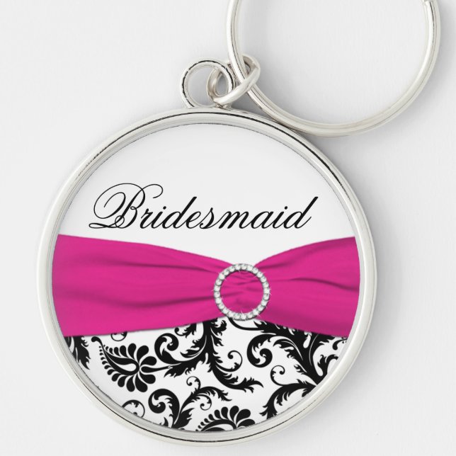 Pink, Black, White Damask Bridesmaid Keychain (Front)