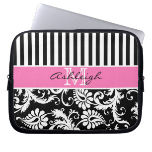 Pink, Black, White Damask Stripes Laptop Sleeve
