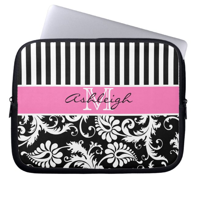 Pink, Black, White Damask Stripes Laptop Sleeve (Front)