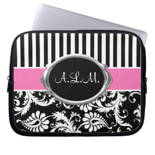 Pink, Black, White Damask Stripes Laptop Sleeve