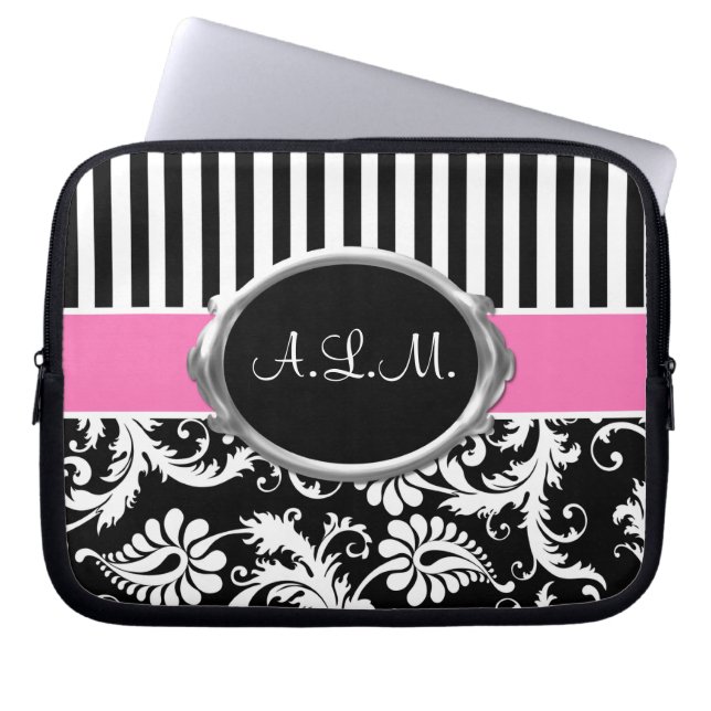 Pink, Black, White Damask Stripes Laptop Sleeve (Front)