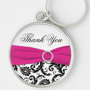 Pink, Black, White Damask Thank You Keychain