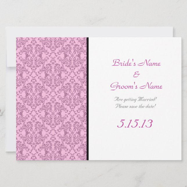 Pink Black White Damask Wedding Reception Invitation (Front)