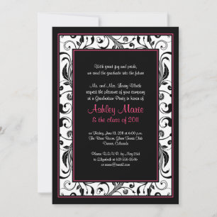 Pink, Black, White Floral Graduation Invitation