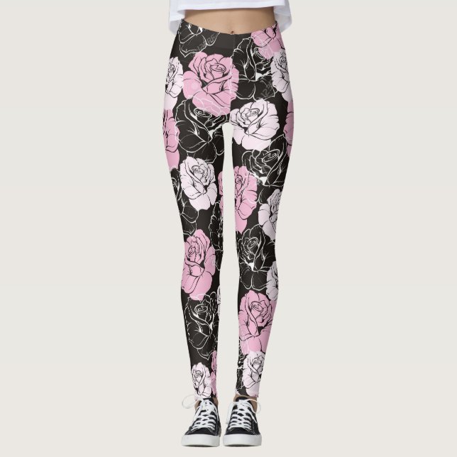 Pink Black White Flower Leggings (Front)