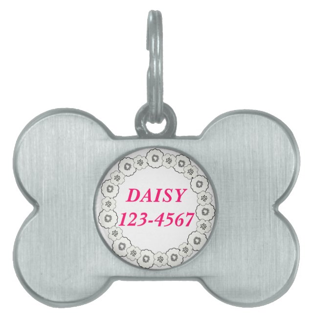 Pink Black White Flowers Personalised Dog Tag (Front)