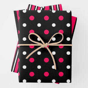 Pink, Black & White Fun Stripes & Polka Dots Wrapping Paper Sheet
