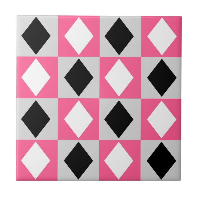 Pink Black White Geometric Rhombus Diamond Ceramic Tile (Front)