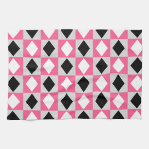 Pink Black White Geometric Rhombus Diamond Tea Towel