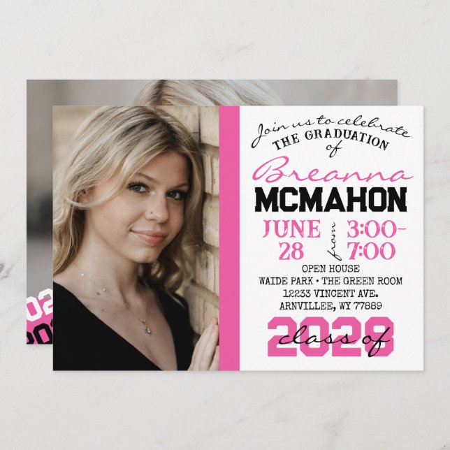 Pink, Black & White Graduation 2 Photo Invitation (Front/Back)
