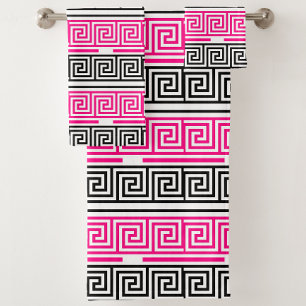 Pink Black White Greek Key Fret Pattern Design Bath Towel Set