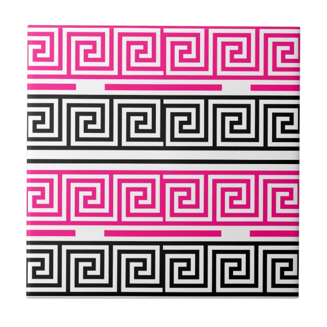 Pink Black White Greek Key Fret Pattern Design  Ceramic Tile (Front)