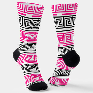 Pink Black White Greek Key Fret Pattern Design Socks