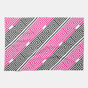 Pink Black White Greek Key Fret Pattern Design  Tea Towel