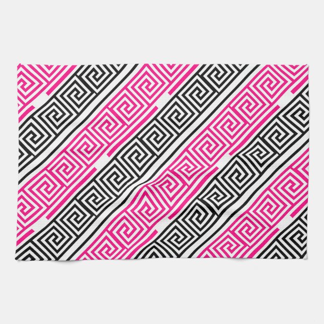 Pink Black White Greek Key Fret Pattern Design  Tea Towel (Horizontal)