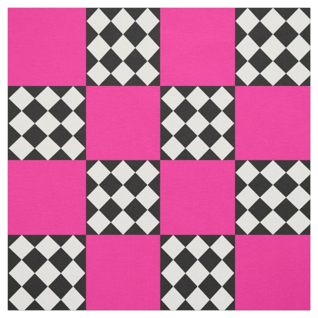 Pink Black White Harlequin Square Shape Textile Fabric (Swatch)