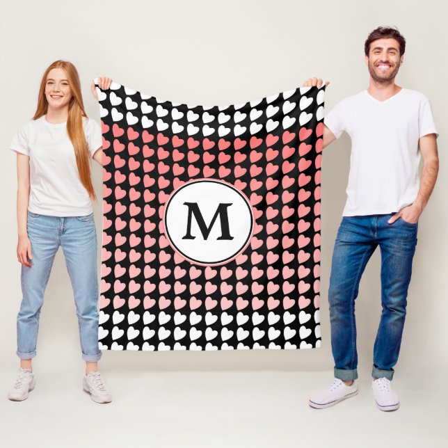 Pink Black White Heart Pattern Monogram Fleece Blanket (In Situ)
