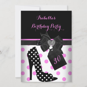 Pink Black White Heart Polka Dots Heels Birthday Invitation