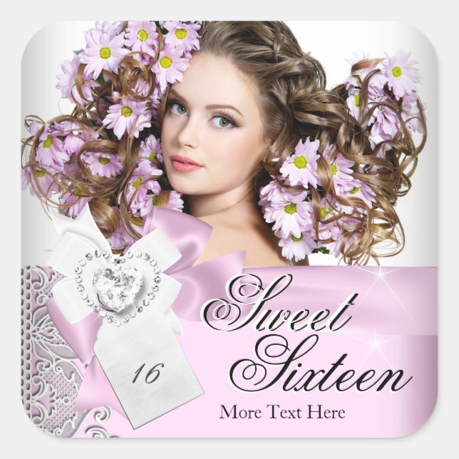 Pink Black White Lace Sweet Sixteen Sweet 16 Square Sticker (Front)