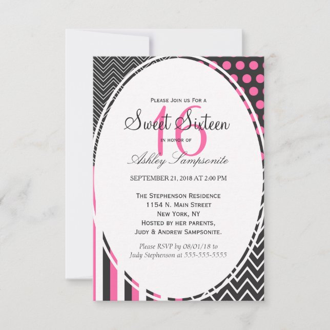 Pink, Black, & White Patterns Invitation (Front)