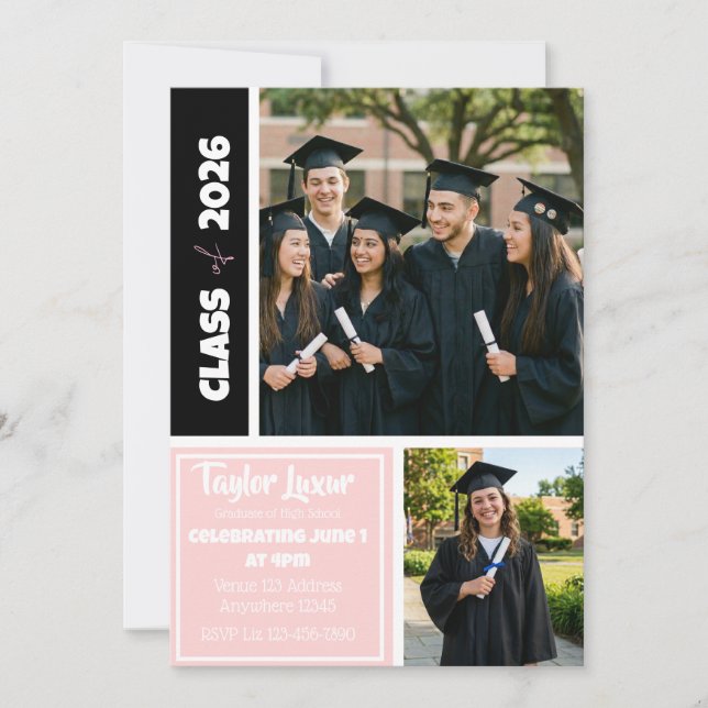 Pink Black White Picture Border Graduation Invitation (Front)