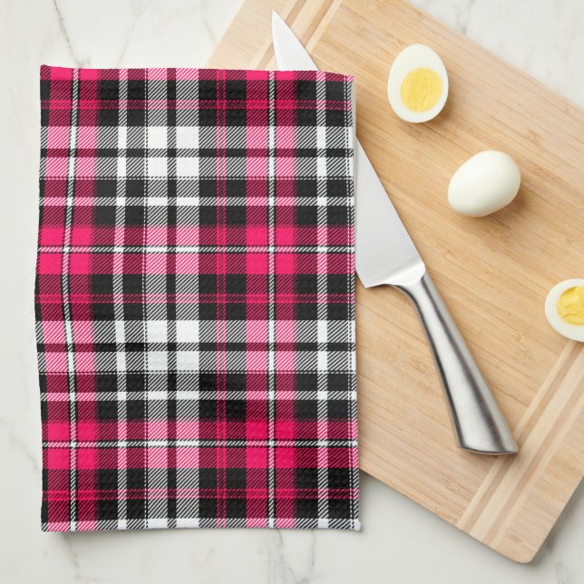Pink Black White Plaid Tartan  Tea Towel (Quarter Fold)