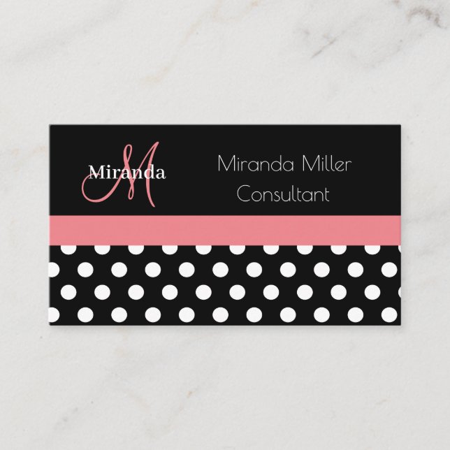 Pink Black White Polka Dot Monogram Business Card (Front)