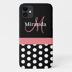 Pink Black White Polka Dot Monogram iPhone 11 Case