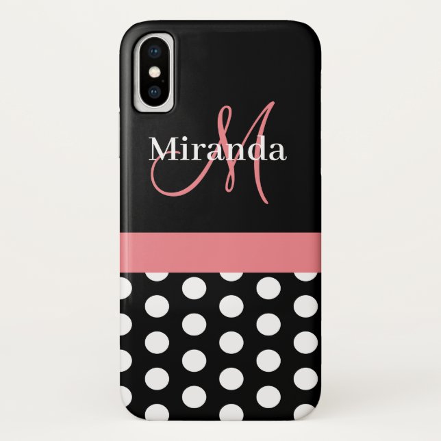 Pink Black White Polka Dot Monogram Case-Mate iPhone Case (Back)