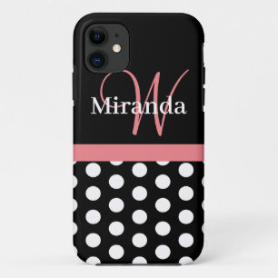 Pink Black White Polka Dot Monogram iPhone 11 Case