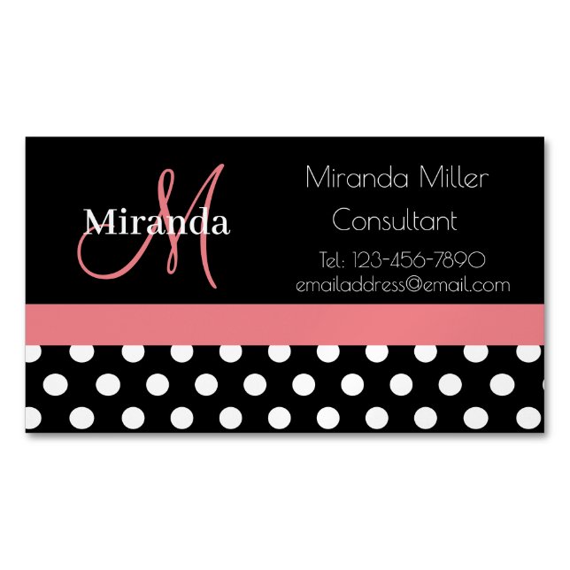 Pink Black White Polka Dot Monogram Magnetic Business Card (Front)