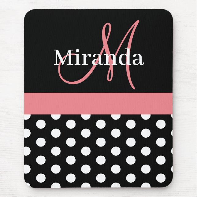 Pink Black White Polka Dot Monogram Mouse Pad (Front)