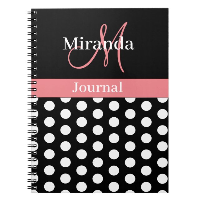 Pink Black White Polka Dot Monogram Notebook (Front)